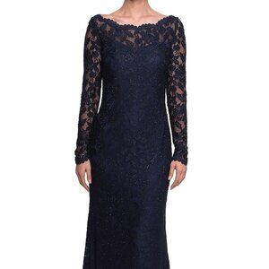 NWT La Femme 24869 Lace Evening Dress Blue Size 4